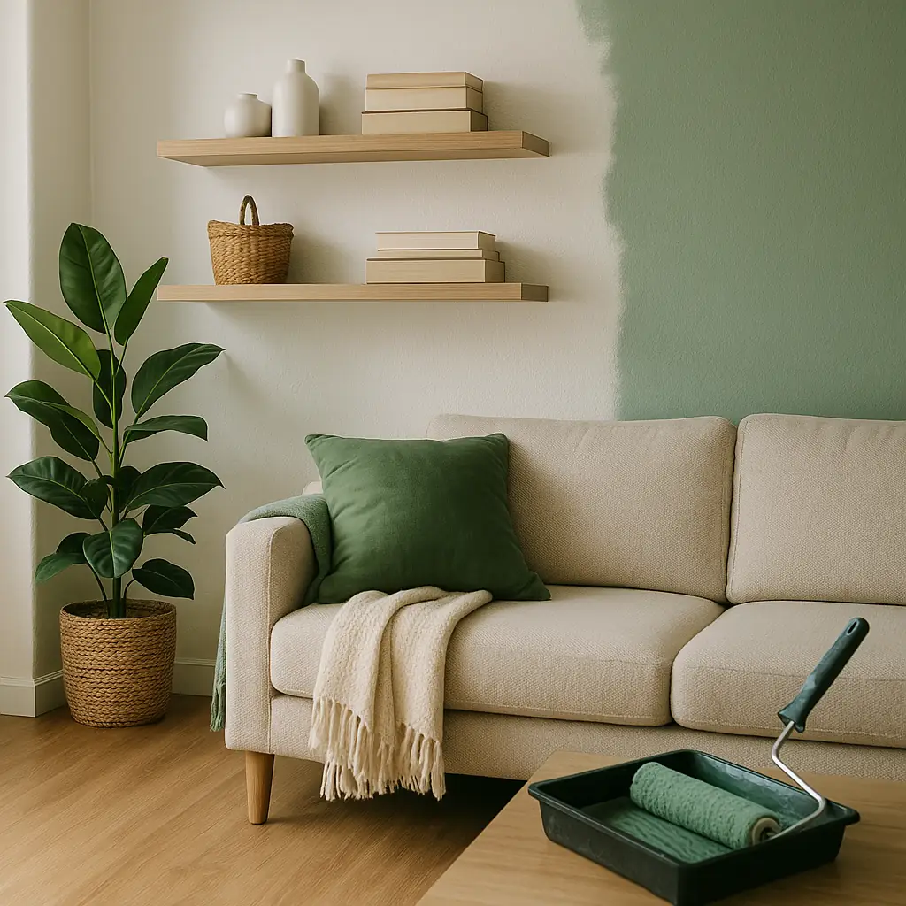 Catégorie Maison : coin salon peint en vert sauge, canapé beige, plante et rouleau de peinture — idées entretien et aménagement intérieur.