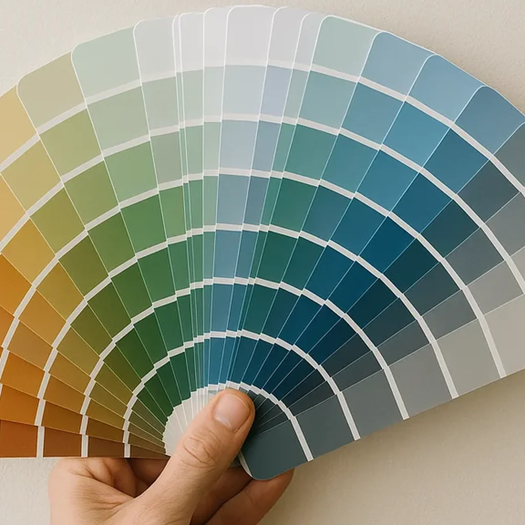 Nuancier éventail en main, dégradés de bleus et verts sur fond mur crème — choix de teintes déco.