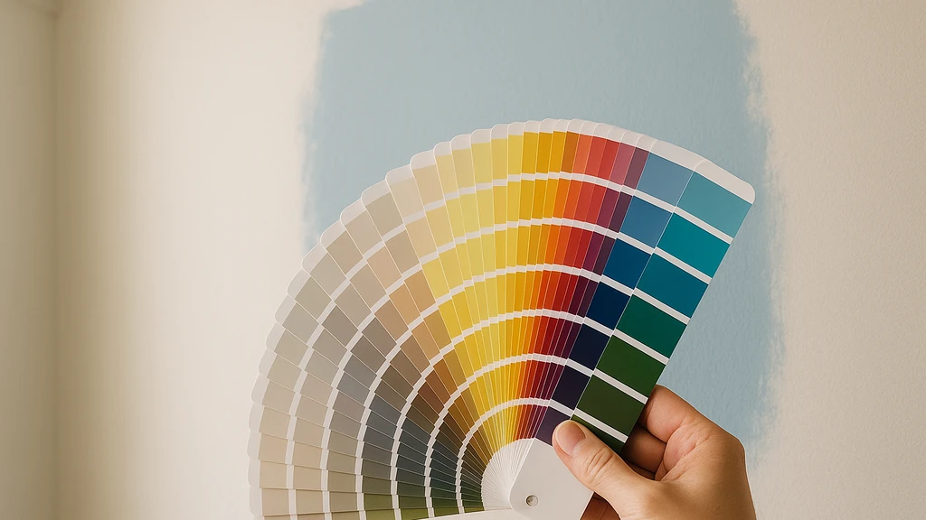 Main tenant un nuancier devant un mur test peint en bleu clair — sélection de couleurs pour peinture intérieure.
