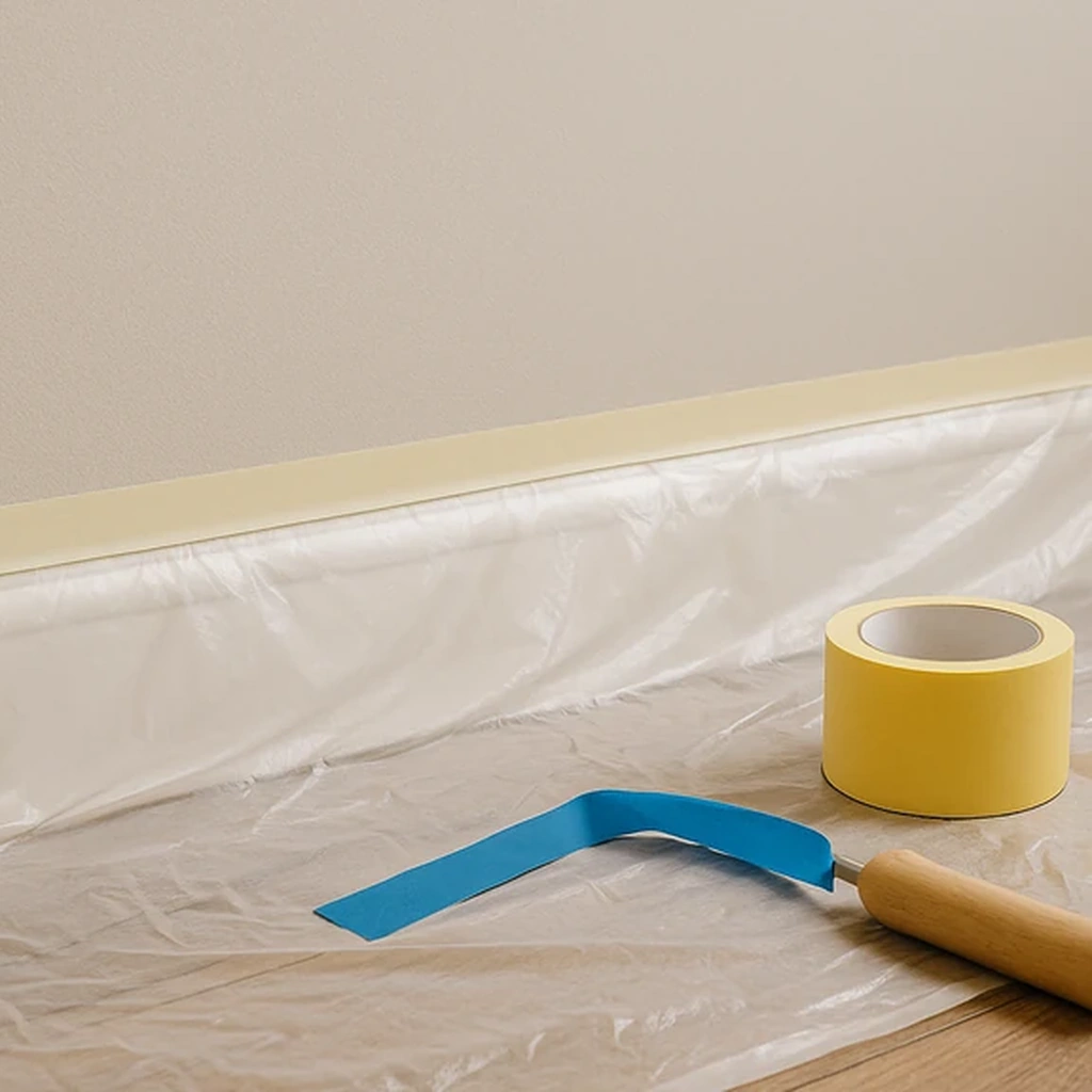 Préparation chantier : adhésif de masquage, bâche plastique et plinthe protégée sur parquet.