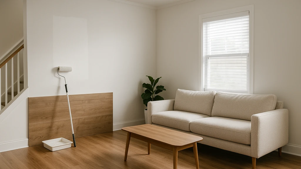 Salon lumineux, mur en cours de peinture au rouleau, parquet bois et canapé beige — ambiance maison & déco.
