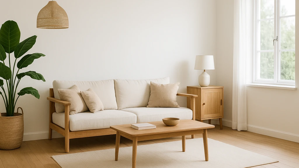 Salon scandinave lumineux, murs blancs, mobilier bois clair et plante verte — résultat après peinture.